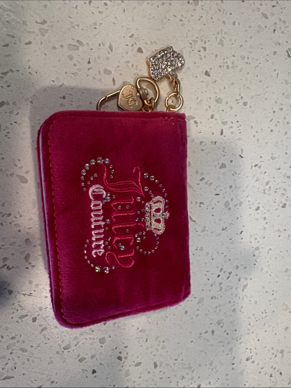 Juicy Couture Fuchsia Velvet Zip Card Case with Gold Rhinestone Charm